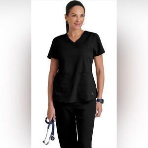 Grey’s Anatomy Barco Scrub Top Small Black V-Neck 2 Pocket Shirred Back Aubrey